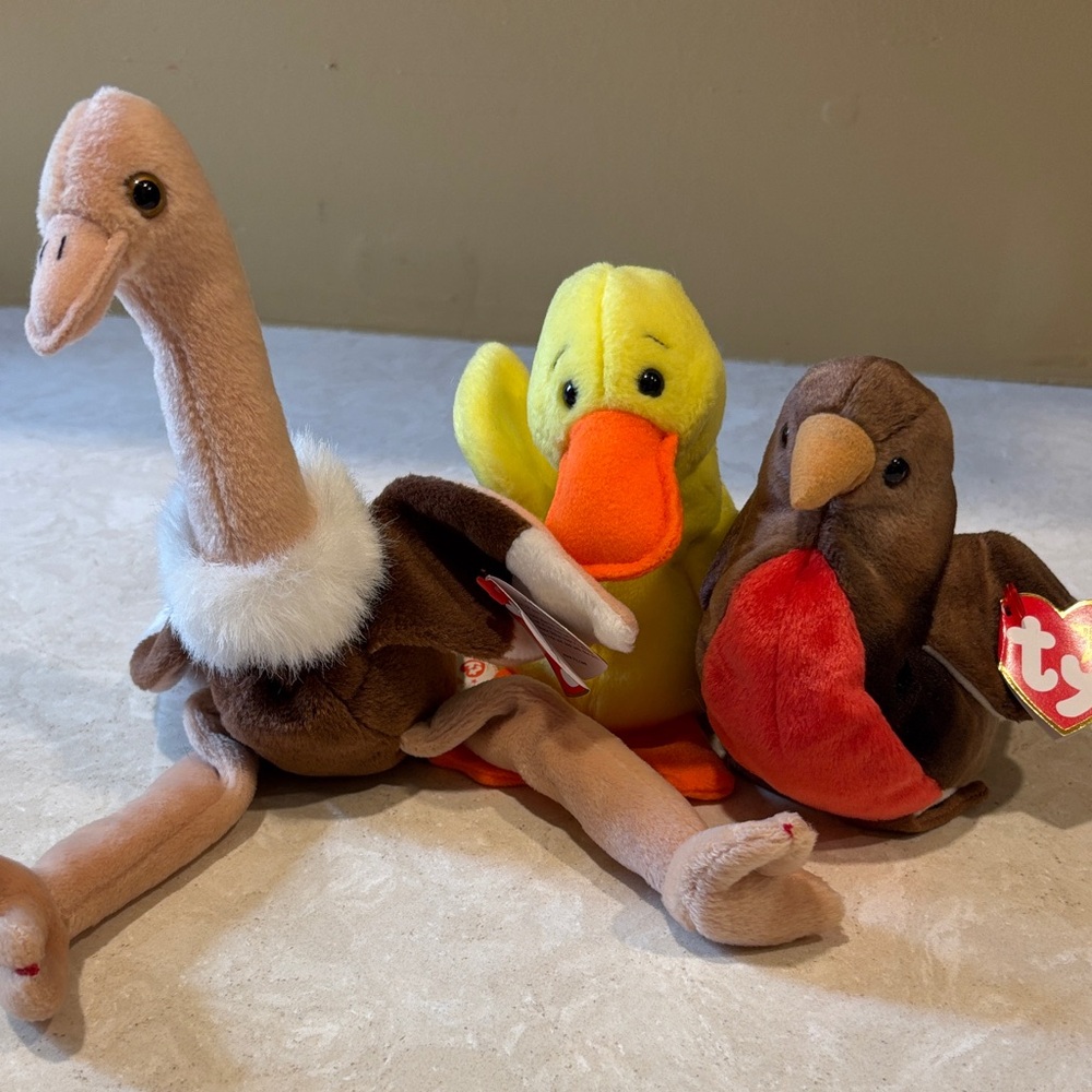 Ty Plush Bird Trio - Brown, Yellow, Red